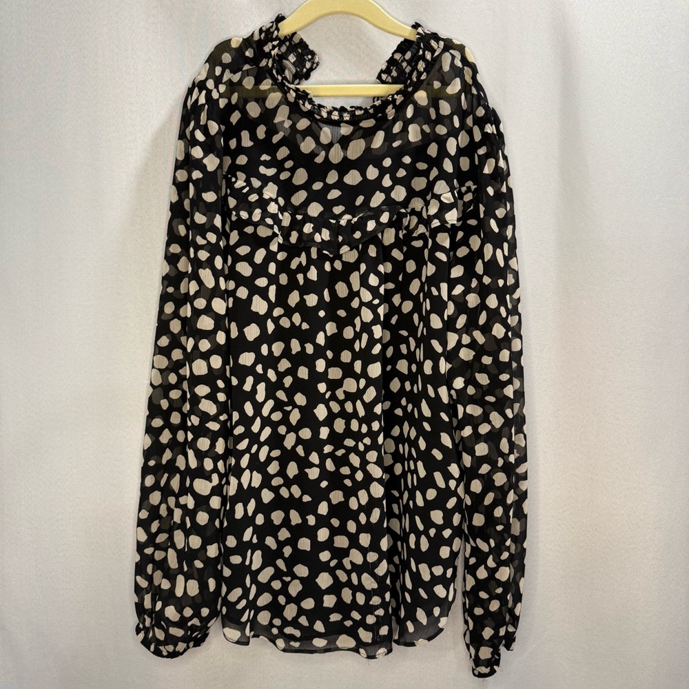 LOFT Women’s Blouse Small Black White Polka Dot Long Sleeve Sheer Ruffle Neck